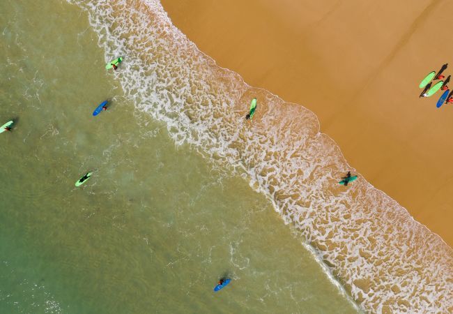 Vista aérea de surfistas