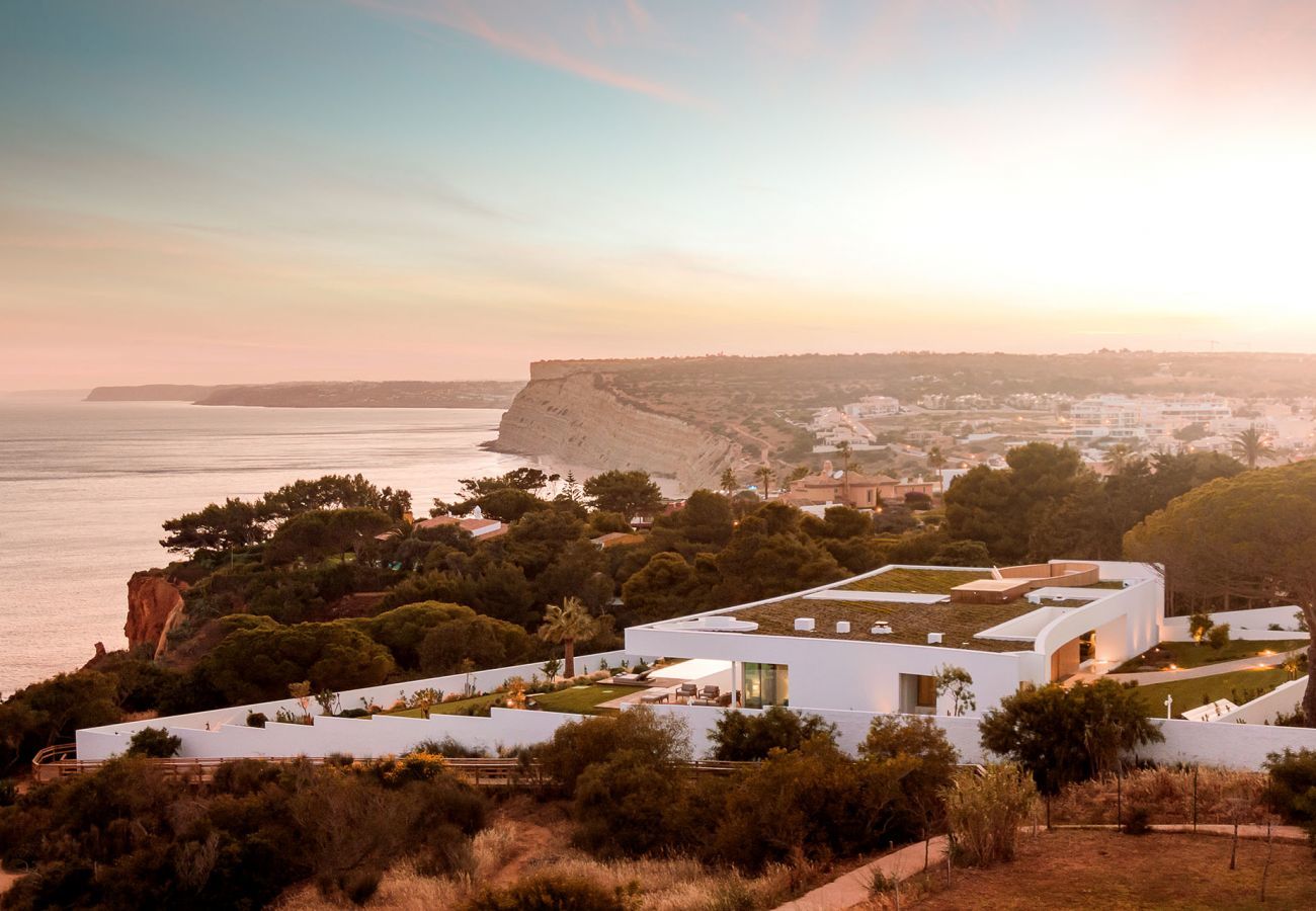 Aerial view of the villa at sunset