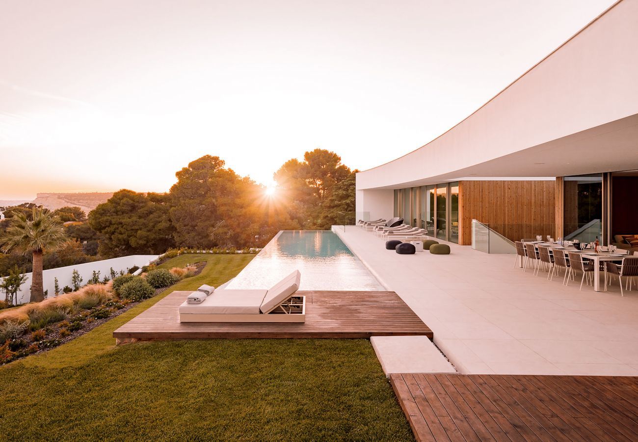 Pool area at sunset